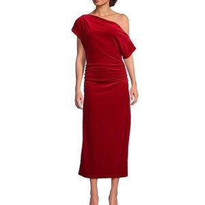 Gibson & Latimer Asymmetrical off the shoulder short sleeve ruched velvet dress